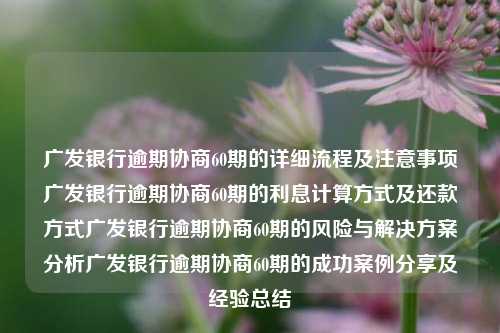 广发银行逾期协商60期的详细流程及注意事项广发银行逾期协商60期的利息计算方式及还款方式广发银行逾期协商60期的风险与解决方案分析广发银行逾期协商60期的成功案例分享及经验总结